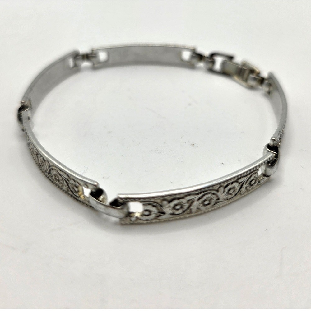 Vintage Silver Tone Floral Embossed Panel Link Bracelet 7.25 Inch Art Deco Style